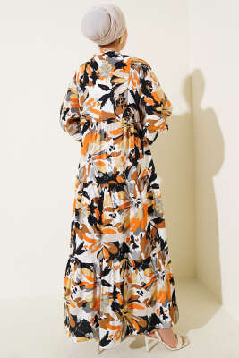 Yarım Düğmeli Karmaşık Desenli Elbise Camel - 500-700 TL Ürünler