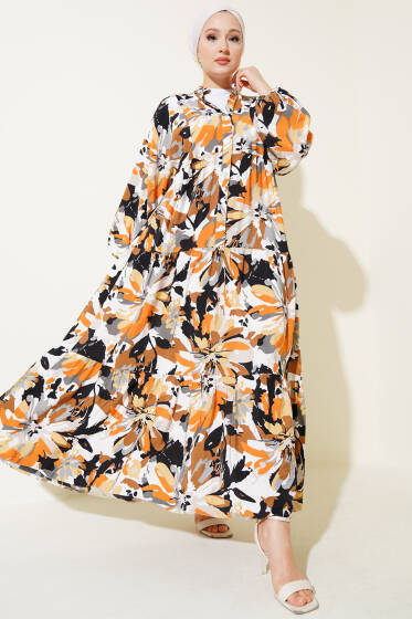 Yarım Düğmeli Karmaşık Desenli Elbise Camel - Elbise