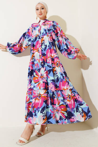 Yarım Düğmeli Karmaşık Desenli Elbise İndigo - Elbise