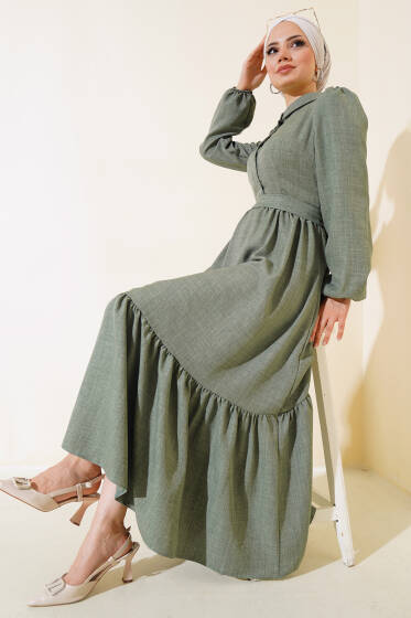 Yarım Düğmeli Kat Kat Elbise Çağla Yeşili - Tesettür Elbise