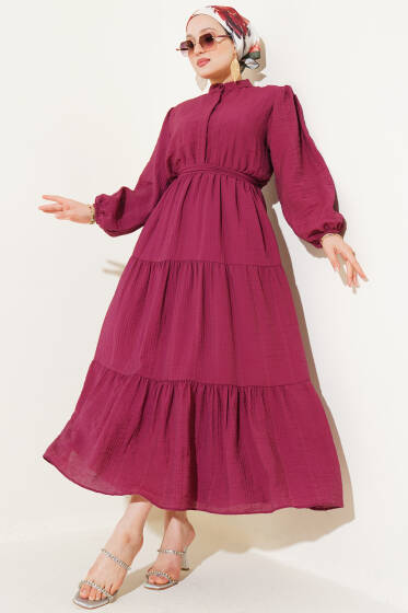 Yarım Düğmeli Kat Kat Gofre Elbise Bordo - Elbise