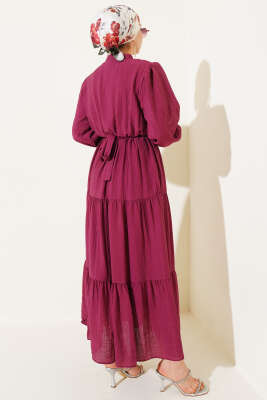 Yarım Düğmeli Kat Kat Gofre Elbise Bordo - Tesettür Elbise