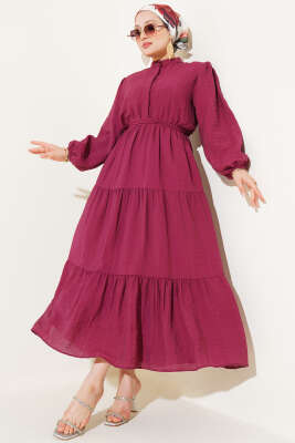 Yarım Düğmeli Kat Kat Gofre Elbise Bordo 