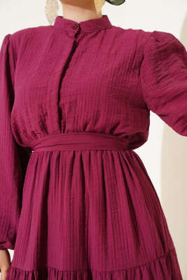 Yarım Düğmeli Kat Kat Gofre Elbise Bordo - Tesettür Elbise