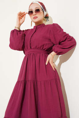 Yarım Düğmeli Kat Kat Gofre Elbise Bordo - Tesettür Elbise