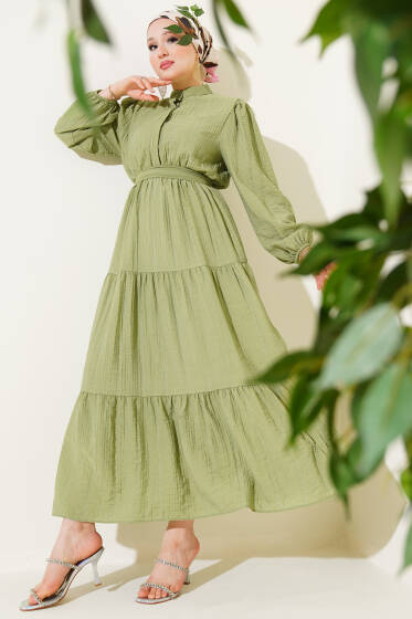 Yarım Düğmeli Kat Kat Gofre Elbise Haki - Elbise