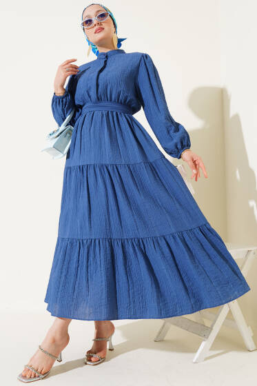 Yarım Düğmeli Kat Kat Gofre Elbise İndigo - Elbise