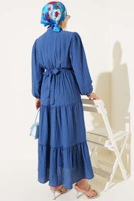 Yarım Düğmeli Kat Kat Gofre Elbise İndigo - Tesettür Elbise