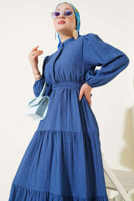 Yarım Düğmeli Kat Kat Gofre Elbise İndigo - Tesettür Elbise