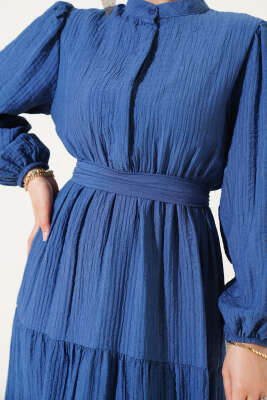 Yarım Düğmeli Kat Kat Gofre Elbise İndigo - Tesettür Elbise