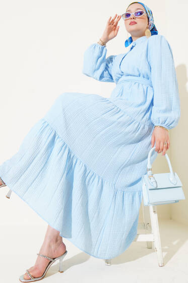 Yarım Düğmeli Kat Kat Gofre Elbise Mavi - Elbise