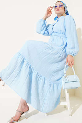 Yarım Düğmeli Kat Kat Gofre Elbise Mavi 