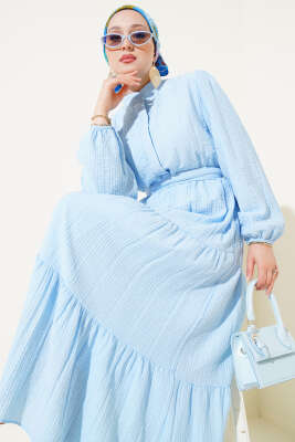 Yarım Düğmeli Kat Kat Gofre Elbise Mavi - Tesettür Elbise