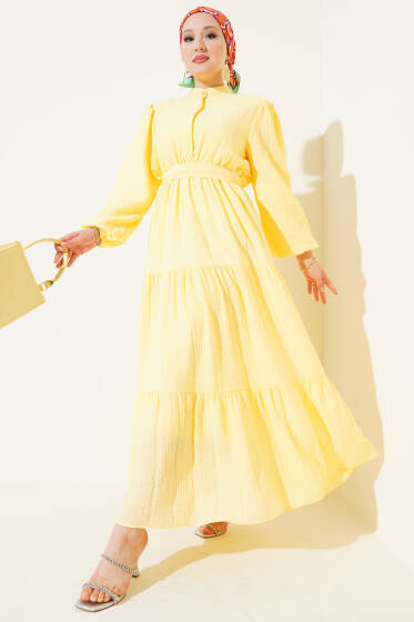Yarım Düğmeli Kat Kat Gofre Elbise Sarı - Elbise