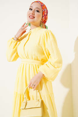 Yarım Düğmeli Kat Kat Gofre Elbise Sarı - Tesettür Elbise