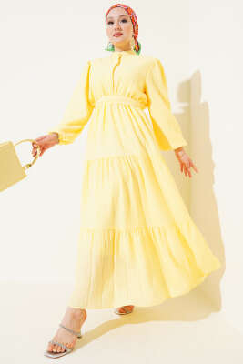 Yarım Düğmeli Kat Kat Gofre Elbise Sarı 