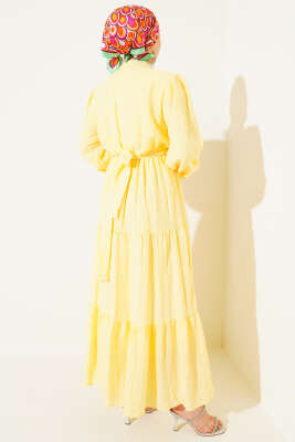 Yarım Düğmeli Kat Kat Gofre Elbise Sarı - Tesettür Elbise