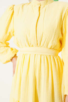 Yarım Düğmeli Kat Kat Gofre Elbise Sarı - Tesettür Elbise