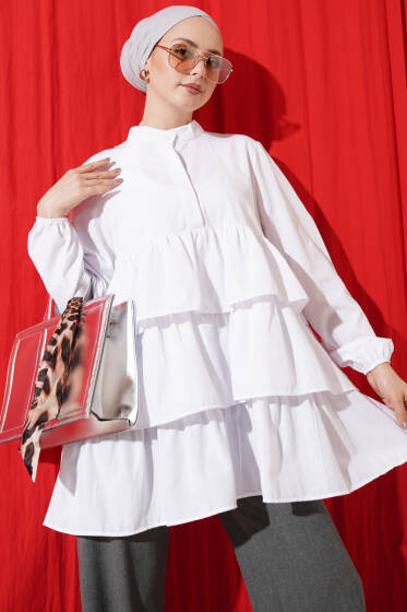 Yarım Düğmeli Katlı Tunik Beyaz - Tunik