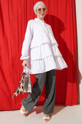 Yarım Düğmeli Katlı Tunik Beyaz - Tunik