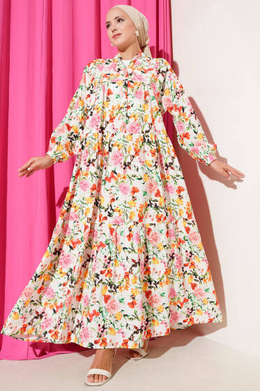 Yarım Düğmeli Kelebek Desenli Elbise Pembe - Elbise