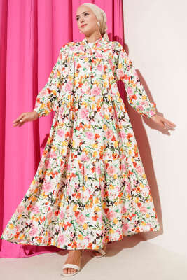 Yarım Düğmeli Kelebek Desenli Elbise Pembe - Tesettür Elbise