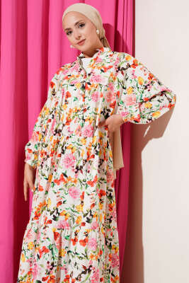 Yarım Düğmeli Kelebek Desenli Elbise Pembe - Tesettür Elbise