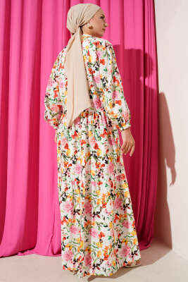 Yarım Düğmeli Kelebek Desenli Elbise Pembe - Tesettür Elbise