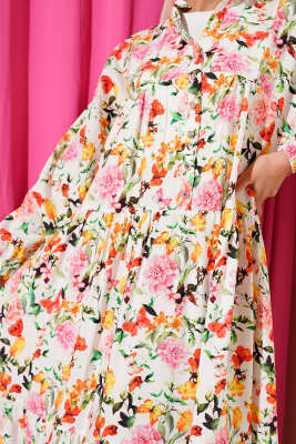 Yarım Düğmeli Kelebek Desenli Elbise Pembe - Tesettür Elbise