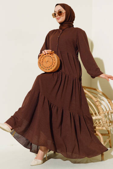 Yarım Düğmeli Kendinden Desenli Elbise Kahve - Elbise