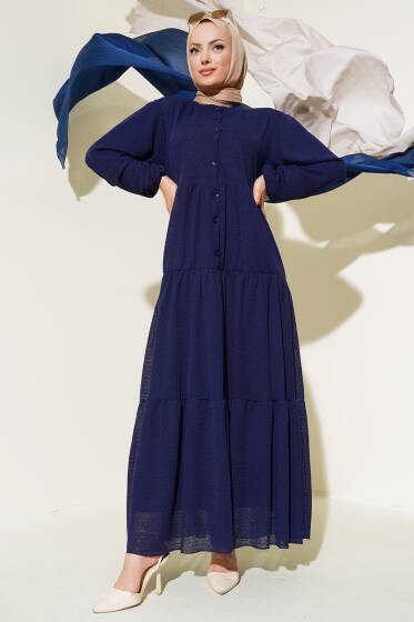 Yarım Düğmeli Kendinden Desenli Elbise Lacivert - Elbise