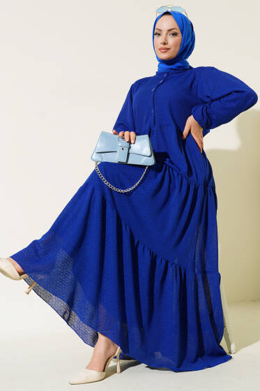 Yarım Düğmeli Kendinden Desenli Elbise Saks - Elbise