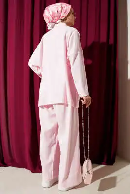 Yarım Düğmeli Keten İkili Takım Pembe - İkili Takım