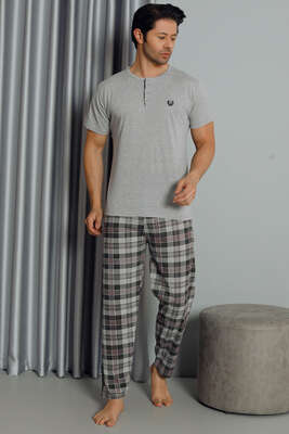 Yarım Düğmeli Kısa Kol Erkek Pijama Takım Gri - Thumbnail