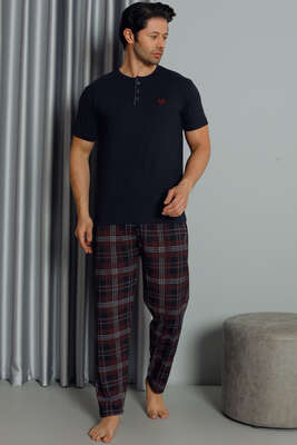 Yarım Düğmeli Kısa Kol Erkek Pijama Takım Lacivert - Thumbnail