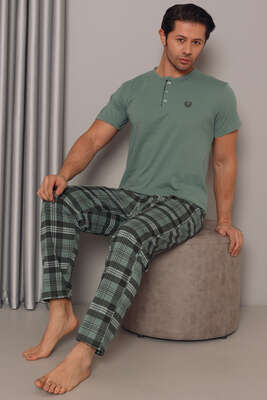 Yarım Düğmeli Kısa Kol Erkek Pijama Takım Yeşil - Thumbnail