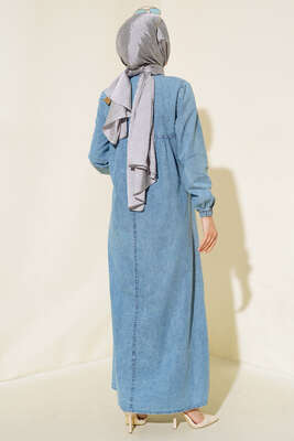 Yarım Düğmeli Kot Elbise Kot Mavisi - Tesettür Elbise