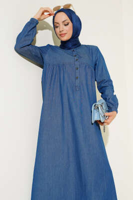 Yarım Düğmeli Kot Elbise Koyu Mavi - Tesettür Elbise