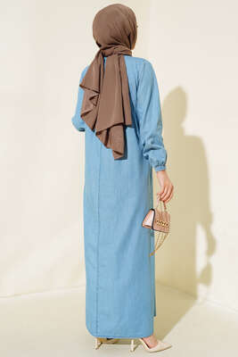 Yarım Düğmeli Kot Elbise Mavi - Tesettür Elbise