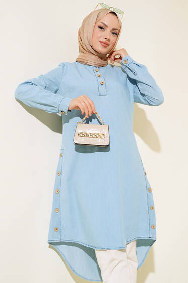 Yarım Düğmeli Kot Tunik Kot Buz Mavi - Tunik