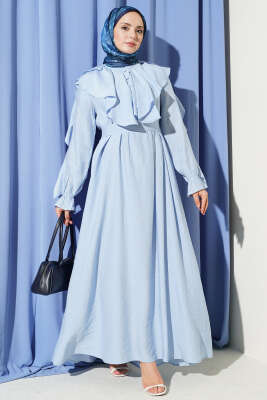 Yarım Düğmeli Kuşaklı Fırfırlı Elbise Bebe Mavi 