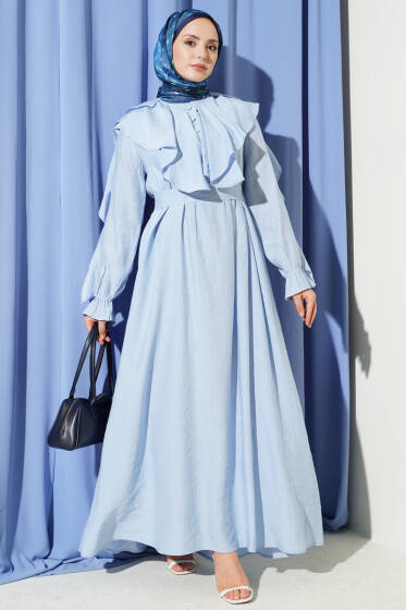 Yarım Düğmeli Kuşaklı Fırfırlı Elbise Bebe Mavi - Elbise