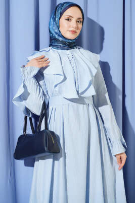 Yarım Düğmeli Kuşaklı Fırfırlı Elbise Bebe Mavi - Elbise