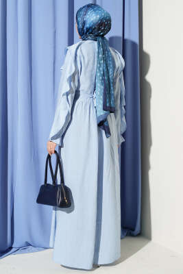 Yarım Düğmeli Kuşaklı Fırfırlı Elbise Bebe Mavi - Elbise