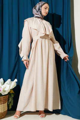 Yarım Düğmeli Kuşaklı Fırfırlı Elbise Bej - ASMİN