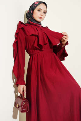 Yarım Düğmeli Kuşaklı Fırfırlı Elbise Bordo - ASMİN