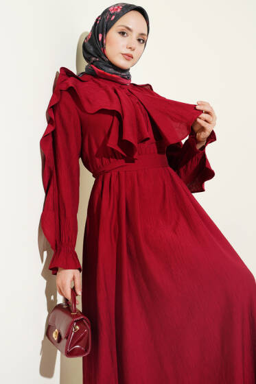 Yarım Düğmeli Kuşaklı Fırfırlı Elbise Bordo - Elbise