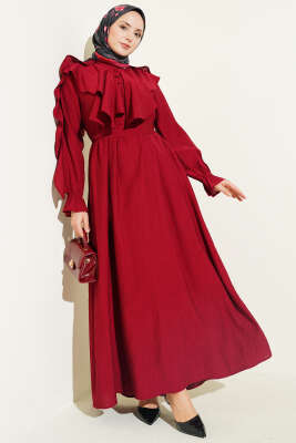 Yarım Düğmeli Kuşaklı Fırfırlı Elbise Bordo - Elbise
