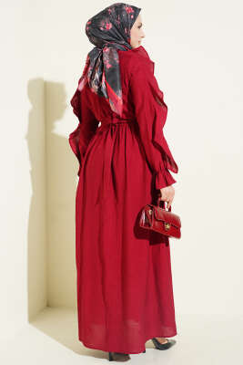 Yarım Düğmeli Kuşaklı Fırfırlı Elbise Bordo - Elbise