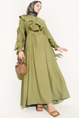 Yarım Düğmeli Kuşaklı Fırfırlı Elbise Haki - ASMİN